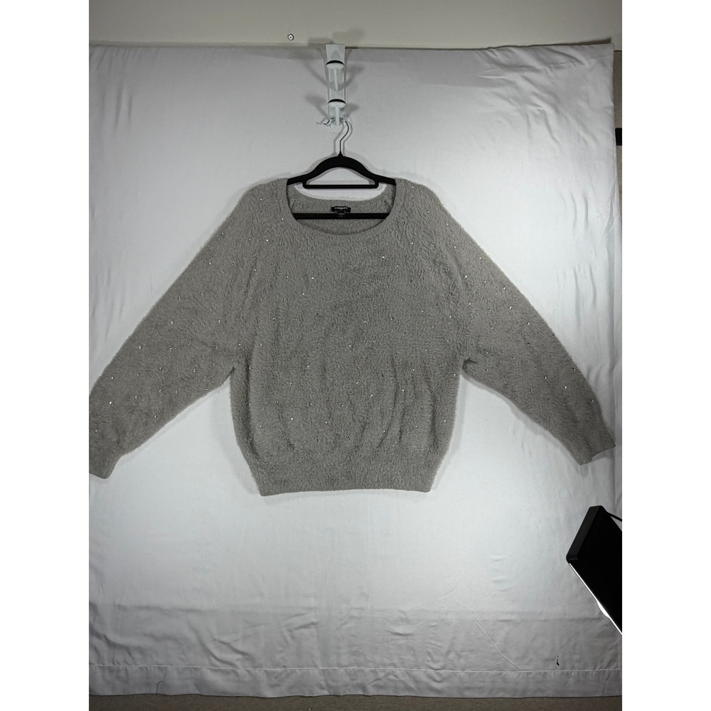Express Sequin Fuzzy Eyelash Knit Sweater Womens Medium Grey Excellent Dolman